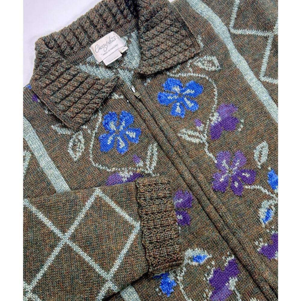 Cherry Lewis England Womens Green Floral Wool Knit Zip Sweater M Cottagecore